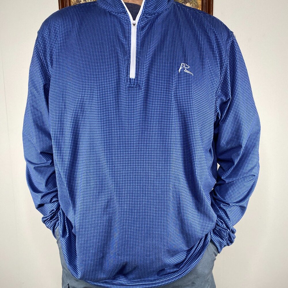 Rhoback Long Sleeve Shirt Top Men's XL 1/4 Zip Blue Houndstooth Casual Korea
